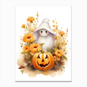 Cute Ghost With Pumpkins Halloween Watercolour 95 Canvas Print
