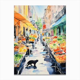 Food Market With Cats In San Francisco 3 Watercolour Canvas Print