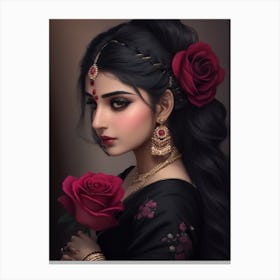 Dreamshaper V7 Arbic Girl Wearing Black Saree And Rose In Her 2 Canvas Print