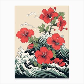 Great Wave With Geranium Flower Drawing In The Style Of Ukiyo E 4 Canvas Print