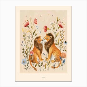 Folksy Floral Animal Drawing Lion 3 Poster Canvas Print