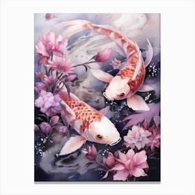 Pink And Purple Koi Fish Watercolour With Botanicals 1 Canvas Print