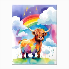 Highland Cow Rainbow and Clouds Canvas Print