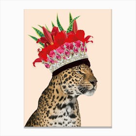 Royal Leopard Wearing Floral Crown In Cream Canvas Print