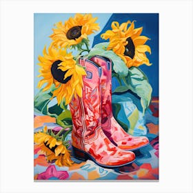 Oil Painting Of Sunflower Flowers And Cowboy Boots, Oil Style 1 Canvas Print