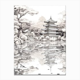 Kinkaku Ji (Golden Pavilion) In Kyoto, Ukiyo E Black And White Line Art Drawing 2 Canvas Print