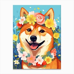 Shiba Inu Portrait With A Flower Crown, Matisse Painting Style 2 Canvas Print