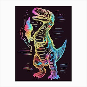 Neon Dinosaur Line Illustration Eating Ice Cream Canvas Print