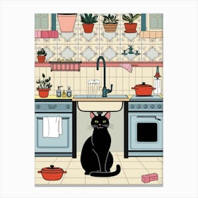 Black Cat In The Kitchen Canvas Print