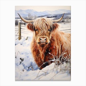 Traditional Watercolour Illustration Of Highland Cow In The Snowy Field 4 Canvas Print