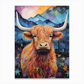 Colourful Patchwork Illustration Of Highland Cow Mountain Background Canvas Print
