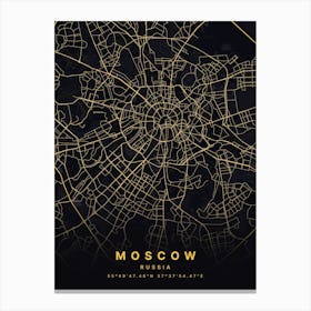 Moscow Russia Black And Gold Map Zoomed Canvas Print