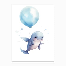 Baby Dolphin Flying With Ballons, Watercolour Nursery Art 1 Canvas Print