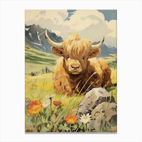 Cute Highland Cow In Flowery Field Canvas Print