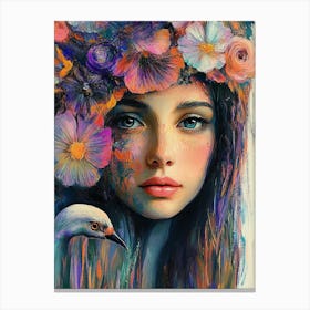 Beautiful Female Portrait With Flowers And Vibrant Color Canvas Print