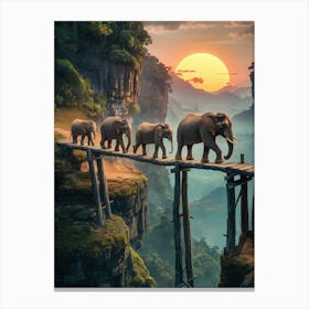 Elephants Crossing A Bridge Canvas Print