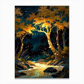 Forest At Night With Fireflies Canvas Print