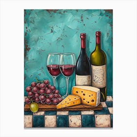 Wine Cheese & Grapes Blue Checkerboard 3 Canvas Print