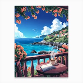 Anime Canvas Art: Coastal Balcony with Coffee and Book, Overlooking Vibrant Ocean and Hillside Houses, Perfect for Lofi and Relaxation Aesthetic Enthusiasts. Canvas Print