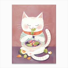 White Cat Salad Lover Folk Illustration 4 Canvas Print