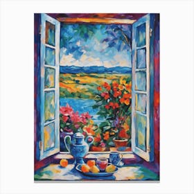 Matisse Inspired Open Window by the Sea in the Countryside with Fruit Flowers Vibrant Rainbow of Colors Depicting Happiness Sunset Blue Sky Beauty Abstract HD Impressionism Mid Century High Resolution Canvas Print