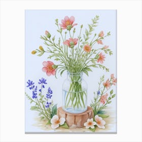 Watercolor Flowers In A Glass Vase Canvas Print