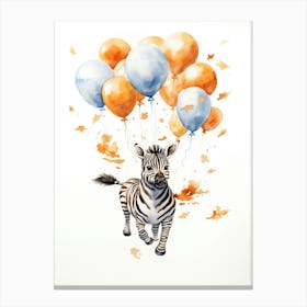 Zebra Flying With Autumn Fall Pumpkins And Balloons Watercolour Nursery 3 Canvas Print