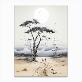 Tottori Sand Dunes In Tottori, Japanese Brush Painting, Ukiyo E, Minimal 3 Canvas Print