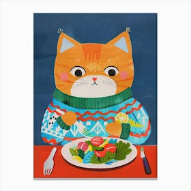 Cute Orange Eating Salad Folk Illustration 1 Canvas Print