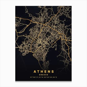 Athens Greece Black And Gold Map Canvas Print