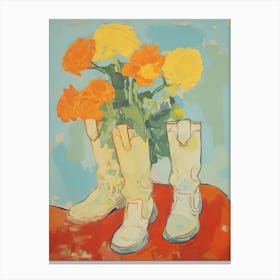 Painting Of Orange Flowers And Cowboy Boots, Oil Style 8 Canvas Print