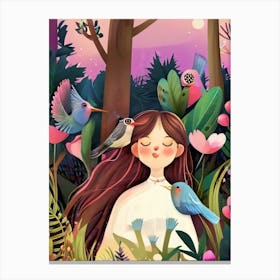 Luxmango Girl Listning To Birs Chirping In Forest Illustraion Canvas Print