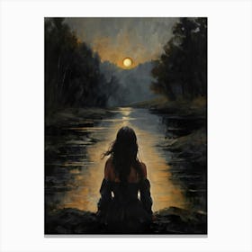 Awe - A Woman Sat in Solitude Watching the Sunset Witchy Art Print - Gloomy Dark Aesthetic Gothic Vintage Painting Altar Wall | Gloomy Dark Cottagecore Stormy Beautiful Canvas Print