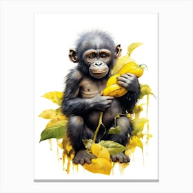 Baby Gorilla Art With Bananas Watercolour Nursery 2 Canvas Print