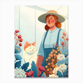 Cat and Woman Gardener with Hat and Flowers Canvas Print