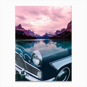 Classic Car And Lake Boat mountains landscape Canvas Print
