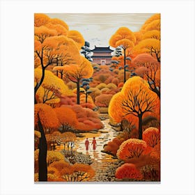 Ryoan Ji Garden, Japan In Autumn Fall Illustration 3 Canvas Print