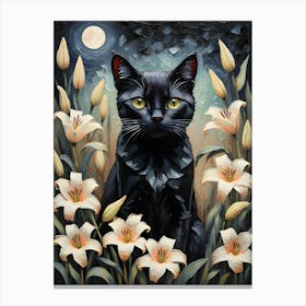 Black Cat Amongst Lilies on a Full Moon - Oil and Palette Knife Painting of A Beautiful Black Cat Sitting Among the Summer Flowers - Kitty, Cat Lady, Pagan, Feature Wall, Witch, Fairytale Tarot Bastet Midsummer Litha Colorful Painting in HD Canvas Print