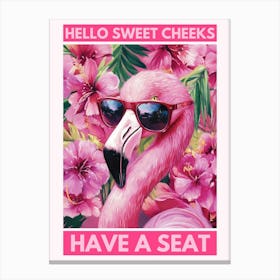 hello sweet cheeks have a seat Funny flamingo bathroom artwork in a playful kitsch aesthetic and pink colors, colorful illustration in the style of 50s retro pop perfect for powder rooms, quirky spaces 1 Canvas Print