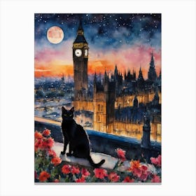 Black Cat in London - The Black Cat Travel Series Iconic Big Ben England Cityscapes Flowers on a Full Moon Traditional Watercolor Art Print Kitty Travels Home and Room Wall Art Cool Decor Klimt and Matisse Inspired Modern Awesome Cool Unique Pagan Witchy Witches Familiar Gift For Cat Lady Animal Lovers World Travelling Genuine Works by British Watercolour Artist Lyra O'Brien Canvas Print