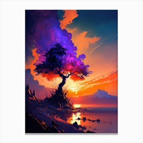Purple Tree Orange Sunset Canvas Print