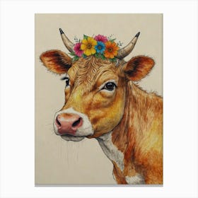 Cow With Flowers 2 Canvas Print