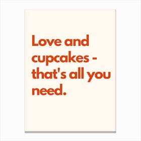 Love And Cupcakes Kitchen Typography Cream Red Canvas Print