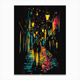 Couple Walking Down The Street At Night Canvas Print