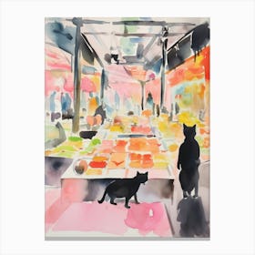 Food Market With Cats In Berlin 2 Watercolour Canvas Print