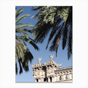 Green Palm Leaves On Barcelona Historical Building Canvas Print