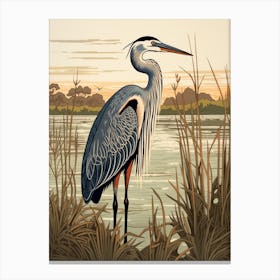 Vintage Bird Linocut Great Blue Heron 3 Canvas Print
