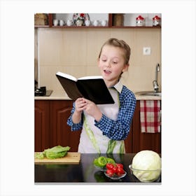 Little Girl Reading Book In Kitchen Photo Canvas Print