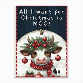 Cute Christmas Cow Blue Sign Canvas Print