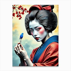 Geisha Woman With Blue Bird Canvas Print